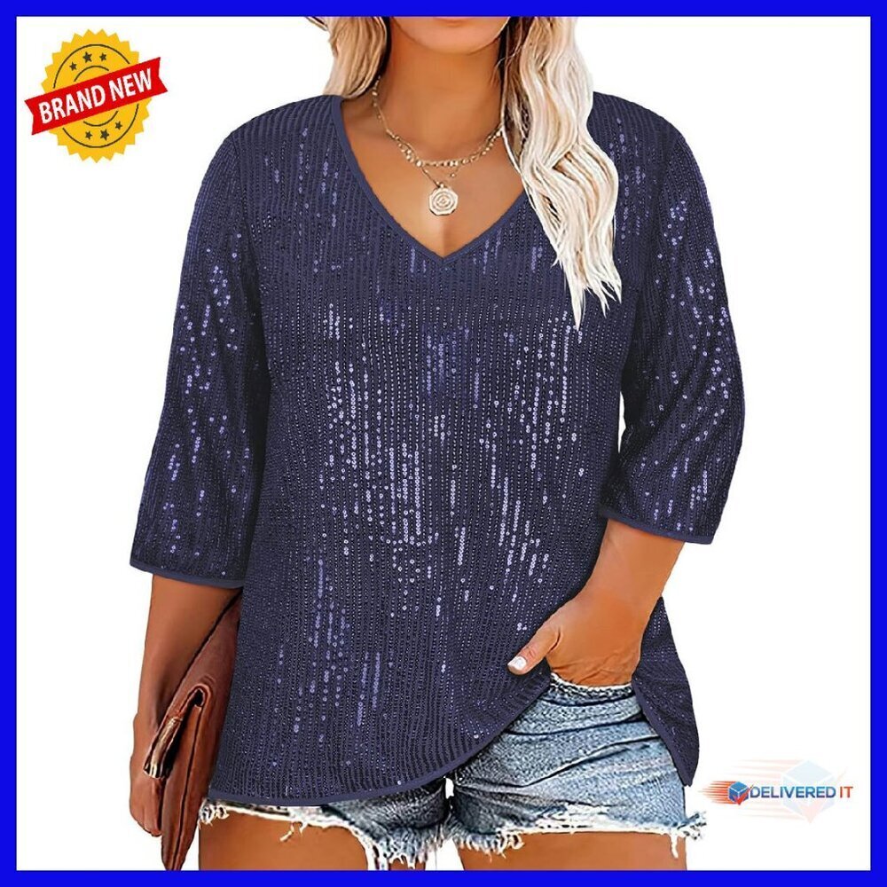 Plus Size Sequin 3/4 Sleeve V-Neck Blouse Tunic Cocktail Party Top